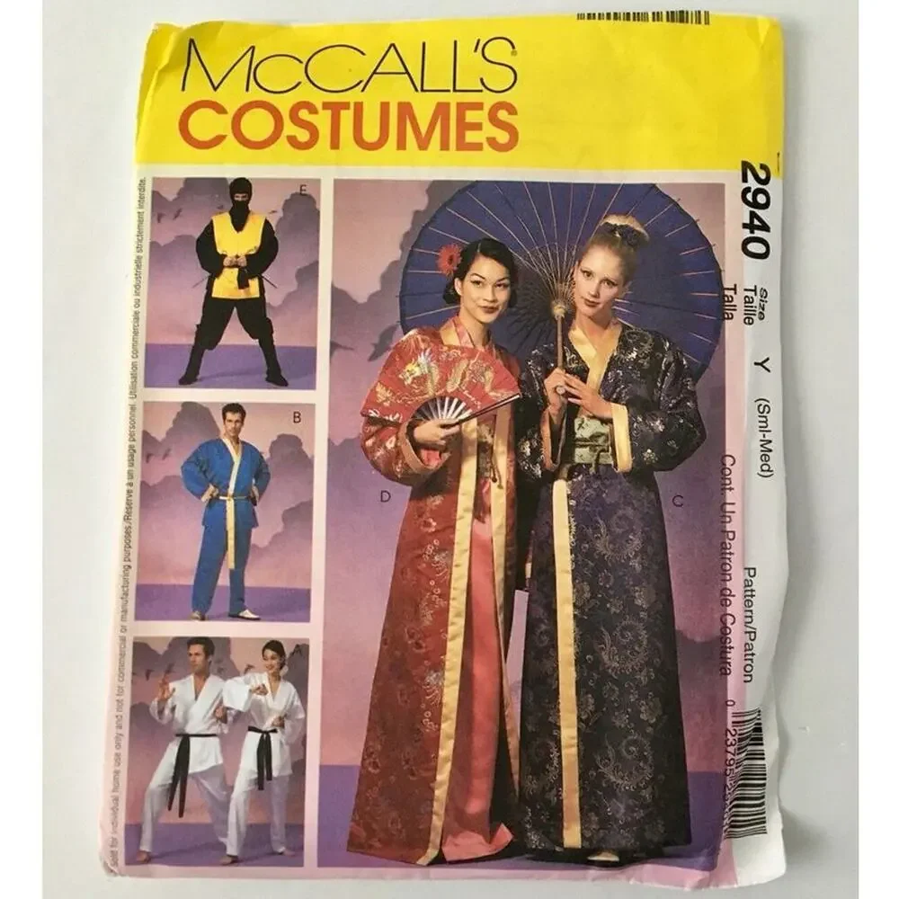 McCalls Misses Men Geisha Ninja Karate Kimono Costume Pattern 2940 S M Uncut